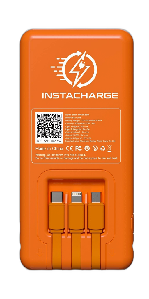 instacharge Power Bank with built-in Lightning, USB-C, and Micro-USB cables